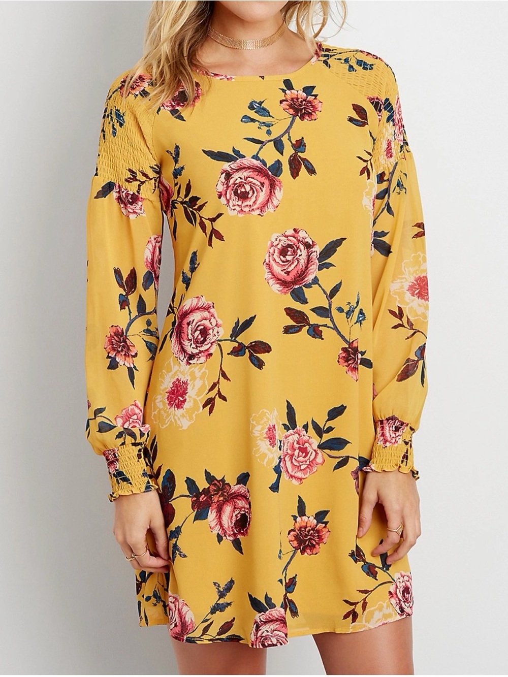 Maurices Mustard Yellow Long Sleeve Smocking Chiffon Mini Shift Dress Size L